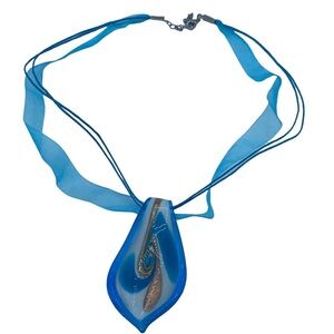 ✨New art glass necklace blue with ribbon strand leaf oval shape